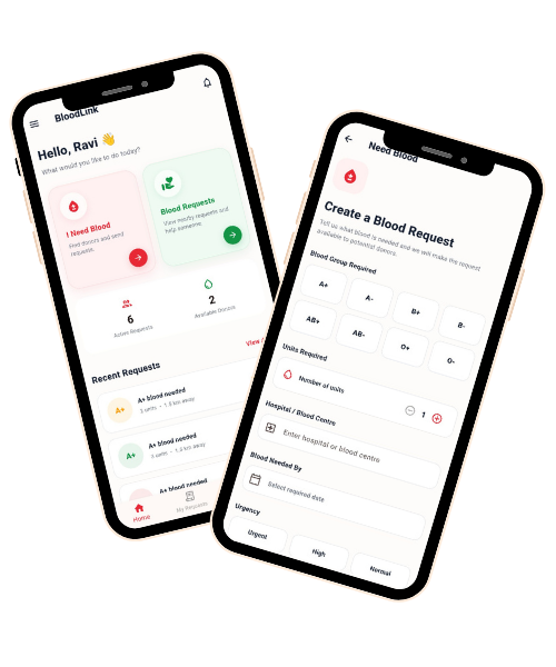 RedMate mobile app showing blood requests and donor features